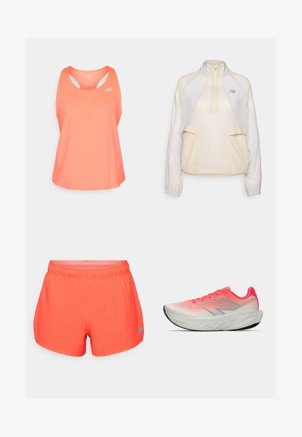 Lagani pulover jakna u krem boji s polu-zip ovratnikom, dva prednja džepa i suptilnim kontrastnim teksturama tkanine. Prisutni New Balance logo.; Roza atletska majica bez rukava s izrezom u obliku uvale, dizajnom na leđima i ventilacijskim otvorima. Ima mali reflektirajući logo sprijeda.; Muške trkačke kratke hlače u svijetloj koralj boji, izrađene od prozračnog materijala s perforiranom teksturom. Imaju elastičnu tajicu i plavi logo kao naglasak.; Sportska cipela s gradijentom u ružičastoj i bijeloj boji na gornjem dijelu od mrežice, sadrži srebrni logo, podstavljeni đon i teksturiranu gumu na donjem dijelu.