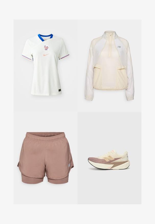 Giacca leggera a pullover in crema, con colletto a mezza zip, due tasche frontali e sottili trame di tessuto a contrasto. Logo New Balance presente.; Maglietta da calcio bianca Nike con colletto blu, caratterizzata da un'emblema di gallo e il logo "FFF", con accenti a strisce rosse e blu sulle maniche.; Pantaloni sportivi rosa chiaro con fascia elastica in vita, design a strati e dettaglio logo riflettente sul lato. Tessuto morbido.; Scarpa da corsa con tomaia color crema, dettagli rosa e accenti grigi. Presenta una suola spessa con superficie testurizzata e logo in evidenza.
