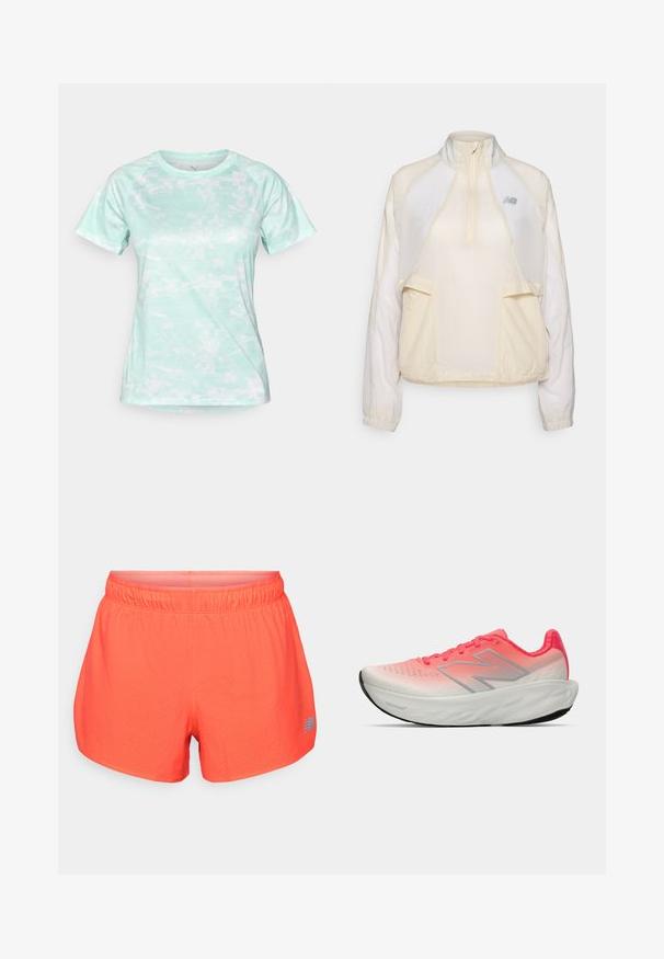 Chaqueta ligera de pico en color crema, con un collar de media cremallera, dos bolsillos frontales y sutiles texturas de tela en contraste. Presente el logo de New Balance.; Camisa deportiva de manga corta en verde menta con un patrón pixelado, fabricada con un tejido ligero y transpirable y con cuello redondo.; Bermudas de running para hombre en un vibrante color coral, fabricadas con un tejido transpirable y texturizado con perforaciones. Cuentan con una cintura elástica y un acento del logo en azul.; Zapatilla deportiva con parte superior de malla en degradado rosa y blanco, con un logo plateado, suela acolchada y suela de goma texturizada.