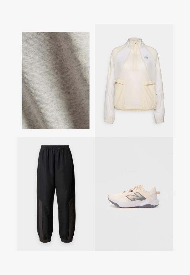 Chaqueta ligera de pico en color crema, con un collar de media cremallera, dos bolsillos frontales y sutiles texturas de tela en contraste. Presente el logo de New Balance.; Tela de color gris claro con una textura suave, que muestra un sutil patrón jaspeado. El material parece elástico y ligero. No hay herrajes ni acentos visibles.; Pantalones deportivos negros hechos de una tela suave y ligera. Cuentan con una cintura elástica, puños ajustados y paneles laterales gris oscuro con logo.; Zapatilla deportiva de color beige claro con suela gris, logo "N" en gris oscuro y detalles en color marrón, vista desde el lado izquierdo sobre un fondo blanco.