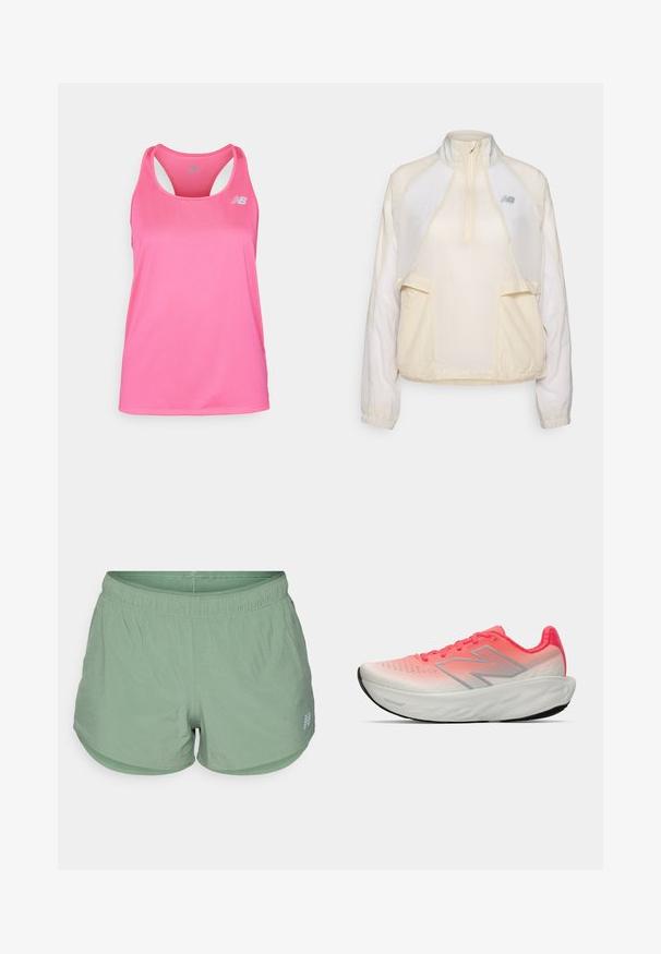 Lightweight pullover jacket in cream, featuring a half-zip collar, two front pockets, and subtle contrasting fabric textures. New Balance logo present.; New Balance SPORT ESSENTIALS TANK - Top - pink; Light green athletic shorts made of breathable fabric, featuring an elastic waistband, a relaxed fit, and small ventilation holes throughout.; Athletic shoe with a gradient pink and white mesh upper, featuring a silver logo, cushioned sole, and textured rubber outsole.