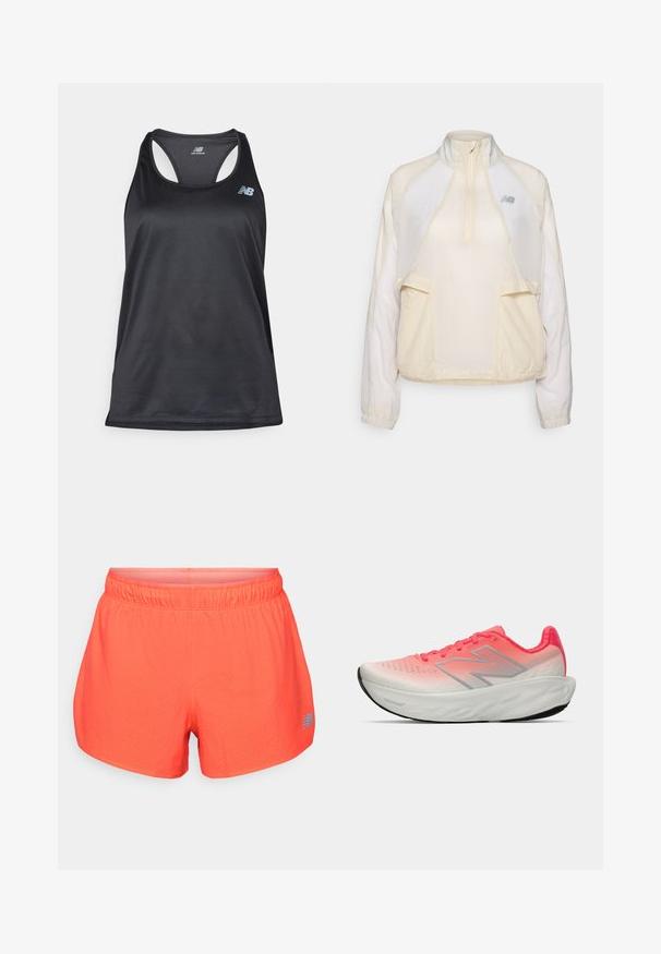 Kerge pullover-jakk kreemis, millel on poolsigri kaelus, kaks esikot ja peened kontrastsed kangatekstuurid. Uus Balance'i logo on kohal.; Mustmust mustrikot, mis on valmistatud kerge kangast ja millel on selja tagant avatud kujundus, lamedad õmblused ning New Balance'i hall logo vasakul ülal.; Meeste jooksuteks mõeldud lühikesed püksid erksas korallitoonis, valmistatud hingavast kangast, millel on perforatsioonidega tekstuur. Omavad elastset vöökohta ja sinist logo aktsenti.; Aktiivne king, millel on roosa ja valge gradientidega võrkkangast ülemine osa, sildiga hõbedane logo, pehmendustega sisetald ja tekstureeritud kummist välispind.