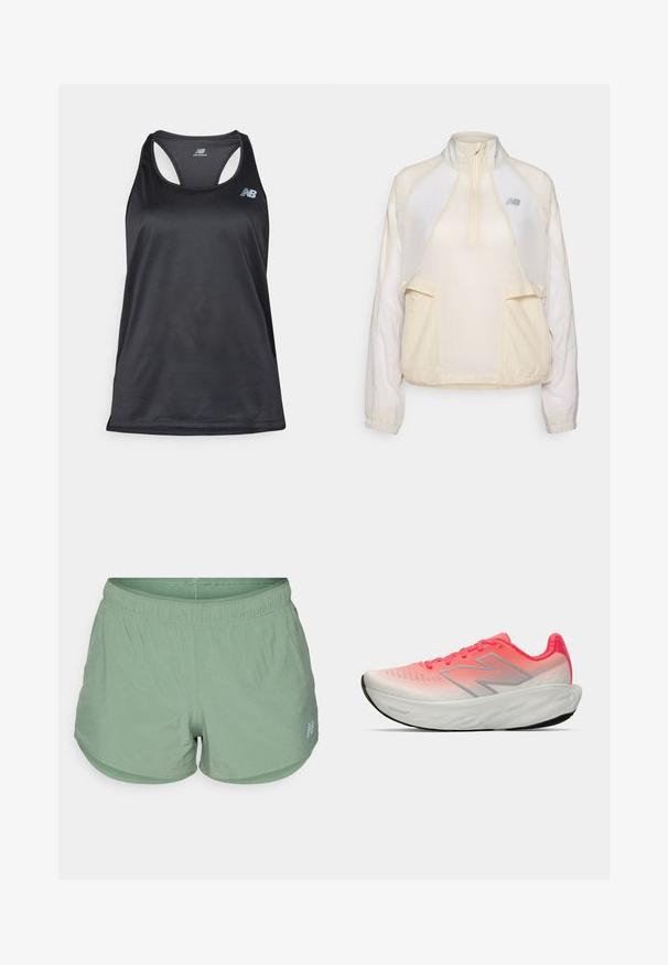 Lett genserjakke i kremfarge, med halv-zip krage, to frontlommer og subtile kontraststoffteksturer. New Balance-logo til stede.; Svart atletisk tanktop laget av lett stoff, med racerback-design, flate sømmer og New Balance-logo i grått øverst til venstre.; Lysegrønne treningsshorts laget av pustende stoff, med strikk i livet, avslappet passform, og små ventilasjonshull overalt.; Athletisk sko med en gradient rosa og hvit mesh-overdel, med en sølv logo, polstret såle og teksturert gummiyttersåle.