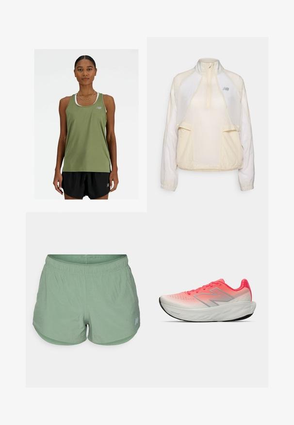 Lightweight pullover jacket in cream, featuring a half-zip collar, two front pockets, and subtle contrasting fabric textures. New Balance logo present.; New Balance SPORT ESSENTIALS TANK - Top - dark olivine; Light green athletic shorts made of breathable fabric, featuring an elastic waistband, a relaxed fit, and small ventilation holes throughout.; Athletic shoe with a gradient pink and white mesh upper, featuring a silver logo, cushioned sole, and textured rubber outsole.