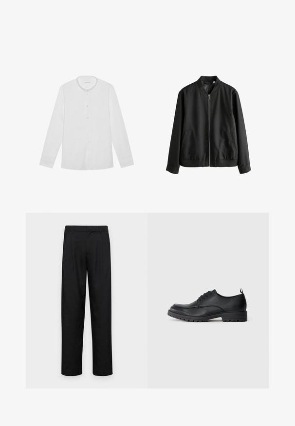 Crna bomber jakna s prednjim zipom, rebrastim ovratnikom i manžetama, bočnim džepovima i glatkom teksturom. Ležeran i prilagođen dizajn.; Bijela košulja dugih rukava s gumbima, mandarin ovratnikom i jednom džepom na prsima, položena ravno na jednoličnoj pozadini.; Crne hlače od glatkog materijala, s dizajnom ravnih nogavica, dva prednja nabora i standardnim pojasom s petljama za remen.; Crne kožne cipele s glatkom teksturom, zaobljenim vrhom, vezivanjem sprijeda i čvrstim gumеним potplatom s uzorkom.