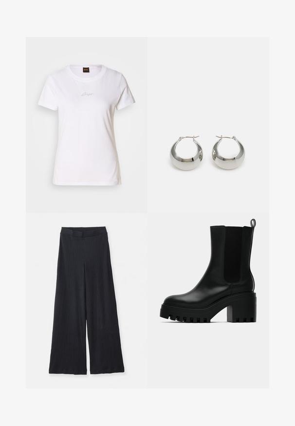 Gray padded coat with a hood, long sleeves, front zipper, two side pockets, cinched waist with a belt, and quilted texture.; White cotton t-shirt with short sleeves, crew neckline, and a small, subtle black logo embroidered on the chest. Smooth texture.; Black ribbed wide-leg trousers with an elastic waistband laid flat on a white background.; Black leather ankle boot with round toe, chunky platform sole, and mesh side accents. Features a pull tab for easy wear.; Silver metal hoop earrings with a smooth, shiny surface and a structured, rounded design. Features a hinged clasp for secure wear.