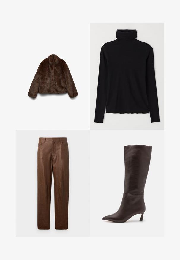 Brown faux fur jacket with a soft texture, high collar, and long sleeves; cropped design enhances its voluminous shape.; Black turtleneck sweater made of ribbed fabric. Long sleeves, close-fitting design, and a slightly relaxed hem with no visible patterns or hardware.; Brown leather pants with a smooth texture, straight leg design, and two side pockets. Features visible stitching details.; Steve Madden LAVAN - Boots - brown