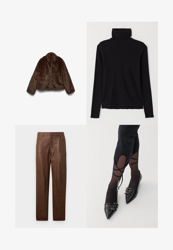 Ruda dirbtinio kailio striukė su minkšta tekstūra, aukštu apykakle ir ilgomis rankovėmis; trumpintas dizainas pabrėžia jos pūstą formą.; Juodas megztinis su aukšta apykakle, pagamintas iš raibų audinio. Ilgos rankovės, prigludusi konstrukcija ir šiek tiek laisvas apdaila be matomų raštų ar detalių.; Rudos odinės kelnės su glotnia tekstūra, tiesaus kirpimo dizainu ir dviem šoninėmis kišenėmis. Pabrėžti matomi siuvimo detalės.; Juodi šonuoti balerinos tipo bateliai, pagaminti iš odos, su trimis metaliniais sagtimis ir lygiu paviršiumi, dėvimi su permatomomis juodomis kojinėmis.