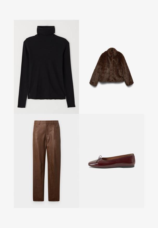 Casaco castanho de pele falsa com textura suave, gola alta e mangas compridas; design cropped que realça a sua forma volumosa.; suéter preto de gola alta feito de tecido canelado. Mangas compridas, design ajustado e uma bainha ligeiramente descontraída, sem padrões visíveis ou acessórios.; Calças de couro castanho com uma textura suave, design de perna reta e dois bolsos laterais. Apresenta detalhes de costura visíveis.; Bailarinas em couro sintético borgonha com bico redondo, pequeno laço na frente e sola baixa em borracha preta. Textura suave.
