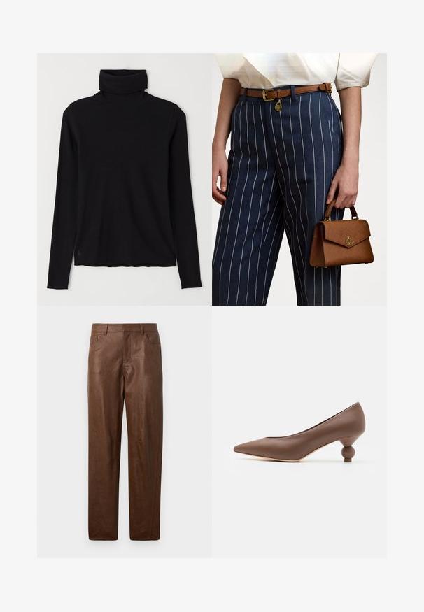 Casaco castanho de pele falsa com textura suave, gola alta e mangas compridas; design cropped que realça a sua forma volumosa.; suéter preto de gola alta feito de tecido canelado. Mangas compridas, design ajustado e uma bainha ligeiramente descontraída, sem padrões visíveis ou acessórios.; Calças de couro castanho com uma textura suave, design de perna reta e dois bolsos laterais. Apresenta detalhes de costura visíveis.; Sapatilha de bico apontado em pele castanha com um único salto redondo e distinto. Textura suave, design elegante e detalhes minimalistas.; Saco de mão castanho com textura e ferragens douradas, segurado ao lado de calças listradas em azul com linhas verticais brancas. Design simples e estruturado.