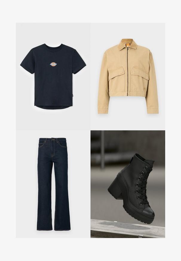 Rövidített bézs dzseki, kordbársony gallérral, elülső cipzárral és két nagy hajtókás zsebbel. Strapabíró pamut anyagból készült.; Fekete pamut póló rövid ujjakkal, kerek nyakkal és egy kisebb, több színű logóval a mellkason. Egyenes szegély, hátul kicsit hosszabb.; Sötétkék, egyenes szabású farmernadrág elülső zsebekkel, övhurkokkal és gombos záródással a derékrészen, fehér háttér előtt.; Fekete magasszárú platform csizmák texturált bőrfelülettel, elöl fűzős kialakítással és vastag sarkkal. Gumi talppal rendelkezik, jellegzetes mintázattal.