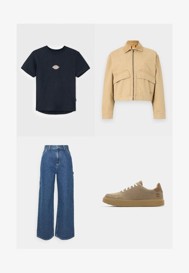 Cropped beige jacket with a corduroy collar, front zipper, and two large patch pockets. Made of sturdy cotton material.; Black cotton t-shirt with short sleeves, round neck, and a small multi-colored logo on the chest. Straight hem with a slightly longer back.; Wide-leg blue denim trousers with a high waist, contrasting stitching, and side pockets, featuring a classic five-pocket design and raw hems.; Beige suede sneakers with white laces, a rubber tan sole, and a brown leather heel accent featuring a logo on the side.
