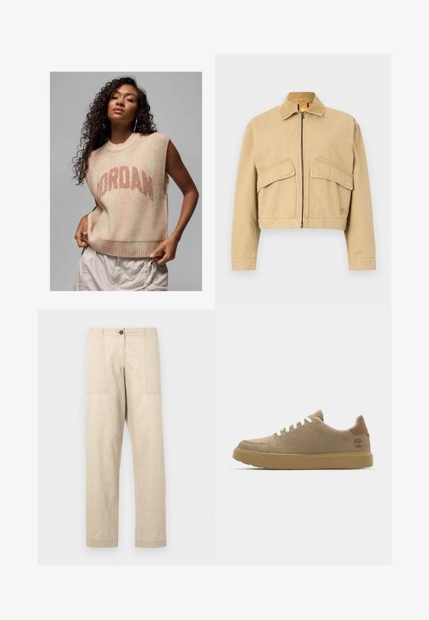Przycięta beżowa kurtka z kołnierzem z kordurowej tkaniny, z przodu na zamek błyskawiczny i dwoma dużymi kieszeniami naszytymi. Wykonana z mocnego materiału bawełnianego.; Jasnobeżowy bezrękawnik o prążkowanej teksturze, z wyraźnym logo "JORDAN" w ciemniejszym odcieniu beżu. Luźny i swobodny design.; Beżowe bawełniane spodnie o prostym kroju, z przednimi kieszeniami, zapięciem na guzik i mankietami. Gładka tekstura i minimalistyczny design.; Beżowe zamszowe trampki z białymi sznurowadłami, gumową jasnobrązową podeszwą i brązowym skórzanym akcentem pięty z logo po boku.