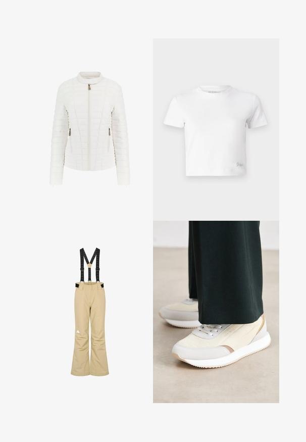 Bílá zateplená bunda s vysokým límcem, předním zipem a dvěma bočními zipovými kapsami. Obsahuje vodorovné prošívání a elastické manžety.; Bílý zkrácený tričko z hladké bavlny, s vysokým výstřihem a krátkými rukávy. Malá vyšitá logo v dolním rohu.; Bežové lyžařské kalhoty s černými nastavitelnými kšandami a bílým logem na dolní části levé nohy, navržené pro zimní sporty.; Tenisky mají krémový textil a šedou semišovou svrchní část, zesílenou špičku, bílou mezipodrážku a světle hnědé detaily. Vhodné pro každodenní nošení.