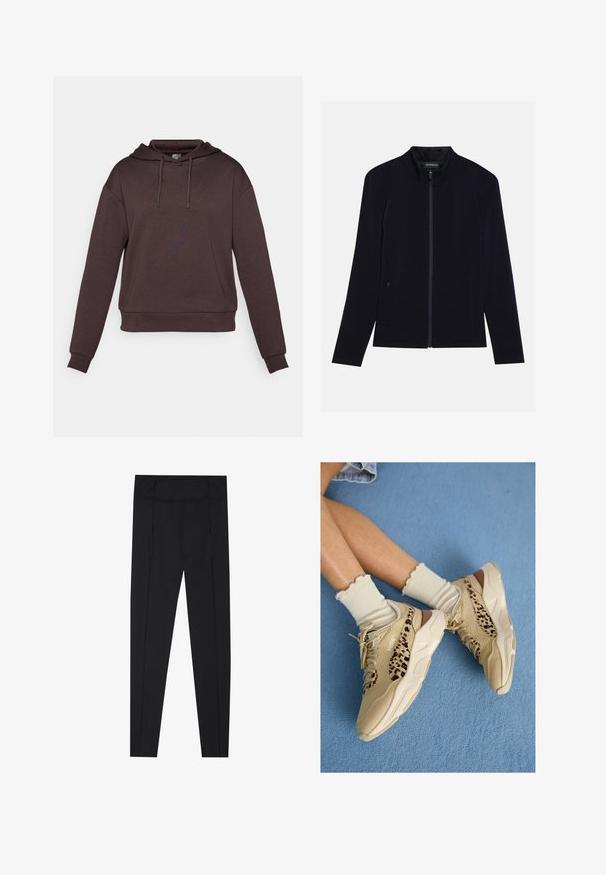 Veste noire zippée avec un col haut, fabriquée en tissu doux. Dispose de deux poches latérales et d'une texture lisse et uniforme. Design simple.; Sweatshirt à capuche marron avec manches longues, fabriqué en tissu doux. Il présente un cordon de serrage à la capuche et un ourlet côtelé en bas et aux poignets.; Leggings noirs avec une texture lisse, une taille haute et des détails de couture sur les côtés. Conception ajustée, adaptée à diverses activités.; Jambes croisées portant des baskets Puma beige avec des rayures léopard et des chaussettes crème à volants sur un sol recouvert de moquette bleue.