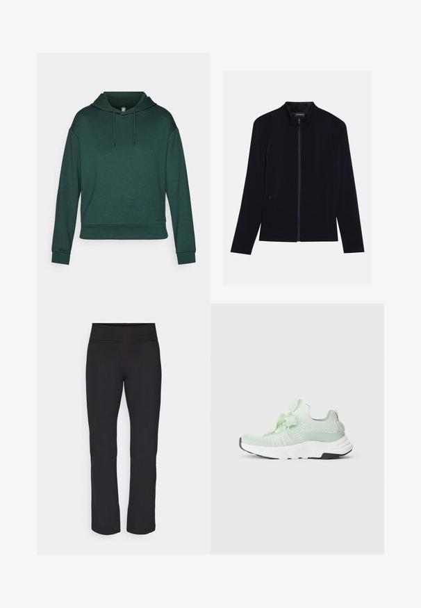 Giacca nera con zip, colletto alto, realizzata in tessuto morbido. Presenta due tasche laterali e una texture liscia e uniforme. Design semplice.; Felpa verde realizzata in tessuto morbido, con cappuccio regolabile, maniche lunghe e vestibilità comoda. Texture liscia con polsini a costine.; Leggings neri realizzati in un tessuto liscio ed elastico, con una cintura larga. Hanno gambe dritte e di lunghezza intera, senza motivi o accenti visibili.; Scarpa sportiva verde chiaro con tomaia in maglia, accenti testurizzati e collare imbottito. Presenta una suola intermedia bianca spessa e una suola nera.