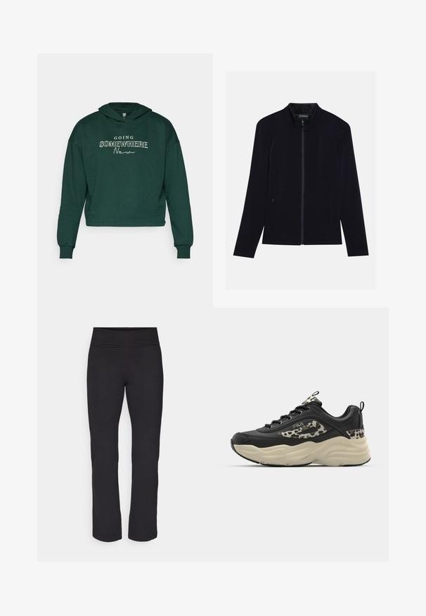 Black zip-up jacket with a high collar, made of soft fabric. Features two side pockets and a smooth, uniform texture. Simple design.; Green cropped hoodie made of soft fabric featuring the text "GOING SOMEWHERE New" in white. Includes a drawstring hood and ribbed cuffs.; Black leggings with a smooth, stretchy fabric and a wide waistband. They have straight, full-length legs and no visible patterns or accents.; Fila SKYE - Trainers - black