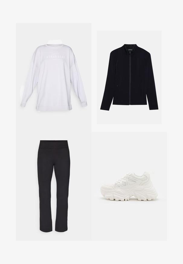 Crna zip-up jakna s visokim ovratnikom, izrađena od mekanog materijala. Ima dva bočna žepa i glatku, ujednačenu teksturu. Jednostavan dizajn.; Bijela oversized dukserica s dugim rukavima, okruglim izrezom i ispisanim tekstom "ATHLEISURE" u suptilnoj sivoj boji preko grudi. Mekana tkanina.; Crne tajice od glatkog, rastezljivog materijala s visokim pojasom. Imaju ravne, punu dužinu nogavica i bez vidljivih uzoraka ili dekoracija.; Bijele debele tenisice s teksturiranim gornjim dijelom, mrežastim panelima i debelim gumenim potplatima s istaknutim uzorkom. Uključene vezice i petna traka.