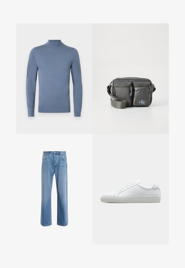 Padded jacket w ciemnozielonym kolorze z kapturem, z zamkiem błyskawicznym, pikowaniem w zygzak oraz elastycznymi mankietami. Podszewka w kontrastowym beżowym materiale.; Jasnoniebieski sweter z golfem wykonany z dzianiny, z długimi rękawami, prążkowanym kołnierzem i dolnym ściągaczem. Prosty wzór bez widocznych zdobień.; Jasnoniebieskie dżinsy o prostym kroju, pięć kieszeni, zapięcie na guzik, minimalne blaknięcia i kontrastowe wykończenia szwów.; Białe sneakersy z gładką skórzaną cholewką i niskim profilem. Posiadają okrągły nos, sześć dziurek na sznurówki oraz teksturowaną gumową podeszwę.; Szara nylonowa torba na ramię z dwoma zapinanymi na zamek przednimi kieszeniami, regulowanym paskiem i akcentem z logo. Gładka powierzchnia o nowoczesnym wzornictwie.