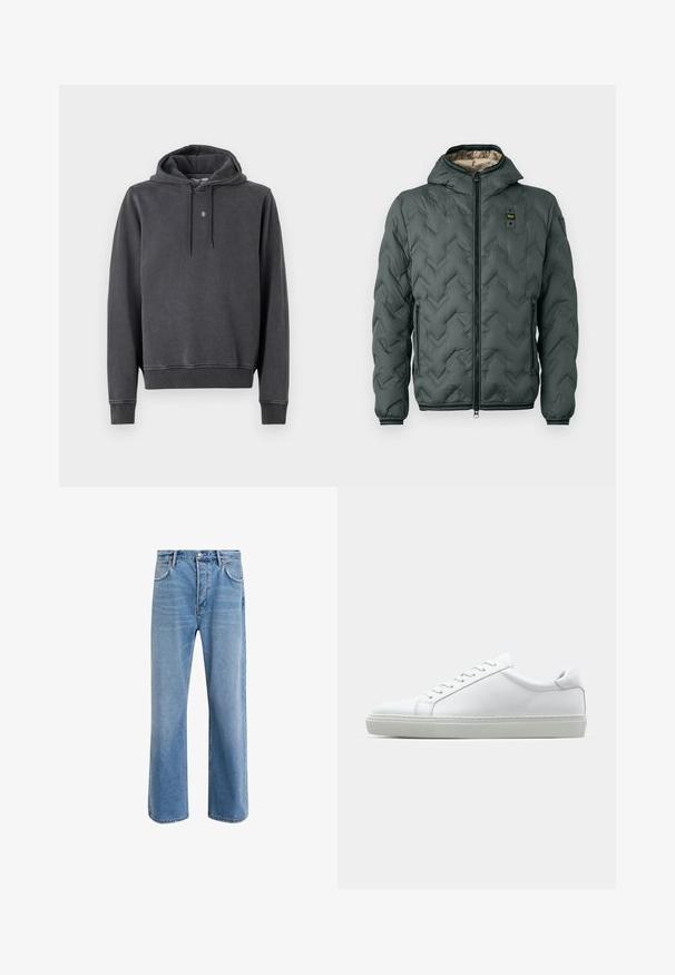 Vadderad jacka i mörkgrön med huva, som har dragkedjestängning, chevronkviltning och elastiska ärmslut. Fodrad med ett kontrasterande beige material.; Huva-tröja i mörkgrå, gjord av mjukt bomullsmaterial. Har en känguruficka, ribbade muddar och en liten logotyp på bröstet.; Ljust blå denimjeans med rak passform, fem fickor, knappstängning, minimal blekning och kontrasterande sömdetaljer.; Vit sneaker med en slät läderövre och låg profil. Har en rundad tå, sex snörhål och en strukturerad gummisula.