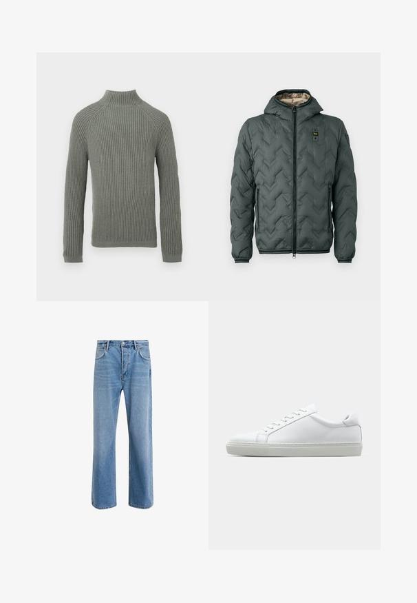 Giacca imbottita verde scuro con cappuccio, caratterizzata da una chiusura con zip, riprese a zigzag e polsini elasticizzati. Foderata con un materiale beige a contrasto.; Maglione a coste di colore verde chiaro con colletto alto, maniche lunghe e design aderente. La texture è morbida e leggermente elasticizzata.; Jeans in denim blu chiaro con design a gamba dritta, cinque tasche, chiusura con bottone, leggero sbiadimento e dettagli di cucitura a contrasto.; Sneaker bianco con tomaia in pelle liscia e profilo basso. Presenta una punta arrotondata, sei occhielli e una suola in gomma testurizzata.