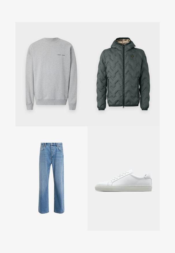 Jachetă căptușită de culoare verde închis, cu glugă, având închidere cu fermoar, quilted în formă de V și mansete elastice. Căptușită cu un material bej în contrast.; Hanorac gri din amestec de bumbac, cu guler și manșete ribbate. Text mic, negru, cu logo pe piept. Textură netedă și croială lejeră.; Jeans din denim bleu deschis cu un design drept, cinci buzunare, închidere cu buton, decolorare minimă și detalii de cusătură în contrast.; Adidași albi cu o suprafață din piele netedă și un profil jos. Au un vârf rotunjit, șase orificii pentru șireturi și o talpă din cauciuc texturată.
