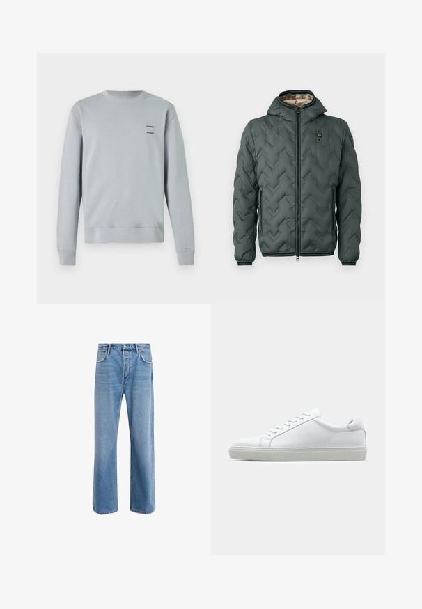 Padded jacket in dark green with a hood, featuring a zip closure, chevron quilting, and elastic cuffs. Lined with a contrasting beige material.; Light gray sweatshirt made of soft fabric, featuring a crew neckline, ribbed cuffs and hem, with two black "SAMSØE" logos on the chest.; Light blue denim jeans with a straight-leg design, five pockets, button closure, minimal fading, and contrasting stitching details.; White sneaker with a smooth leather upper and a low profile. Features a rounded toe, six eyelets, and a textured rubber sole.