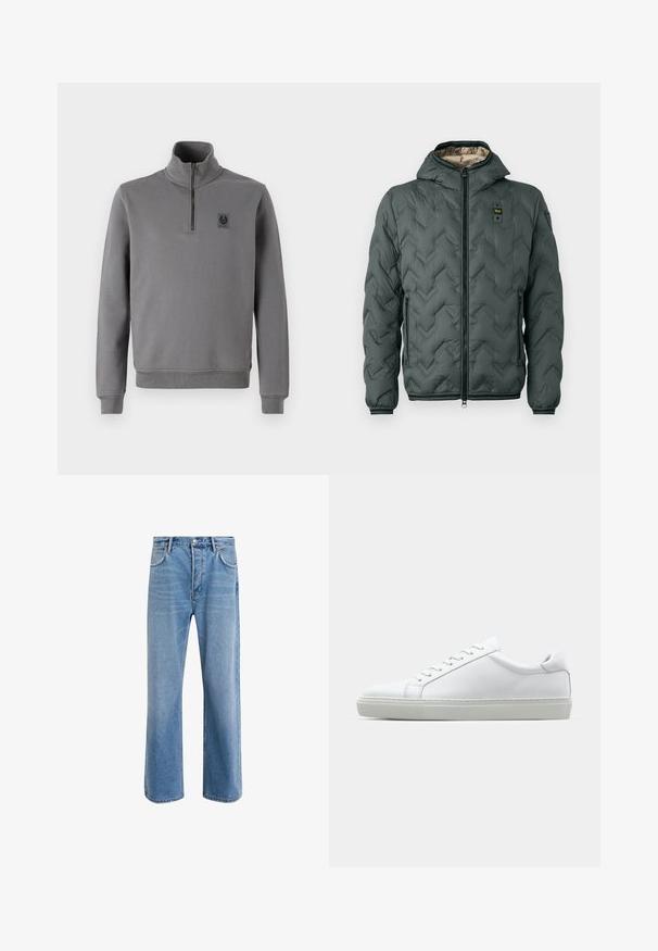 Zateplená bunda v tmavě zelené barvě s kapucí, má zipový uzávěr, kroucení ve tvaru šipky a elastické manžety. Podšitá kontrastním béžovým materiálem.; Šedý svetr s vysokým límcem, polovičním zipem na přední části, žebrovanými manžetami a lemem, a malou nášivkou s logem na hrudi. Měkká textilie.; Světle modré džínové kalhoty s rovnými nohavicemi, pěti kapsami, zapínáním na knoflík, minimálním vyblednutím a kontrastním prošitím.; Bílé tenisky s hladkým koženým svrškem a nízkým profilem. Mají zaoblenou špičku, šest nýtů a texturovanou gumovou podrážku.
