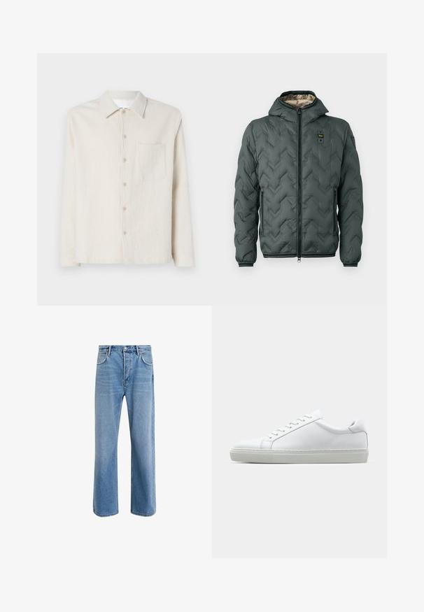 Jachetă căptușită de culoare verde închis, cu glugă, având închidere cu fermoar, quilted în formă de V și mansete elastice. Căptușită cu un material bej în contrast.; Cămașă cu butoni de culoare crem, dintr-un material texturat, având guler, mâneci lungi și un singur buzunar pe piept.; Jeans din denim bleu deschis cu un design drept, cinci buzunare, închidere cu buton, decolorare minimă și detalii de cusătură în contrast.; Adidași albi cu o suprafață din piele netedă și un profil jos. Au un vârf rotunjit, șase orificii pentru șireturi și o talpă din cauciuc texturată.