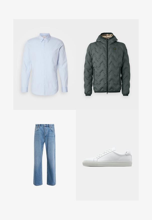 Vaahto takki tummanvihreänä, jossa on huppu, vetoketjukiinnitys, chevron-tikkaukset ja joustavat hihansuut. Vuorattu kontrastoivalla beigen materiaalilla.; Vaaleansininen pitkähihainen nappipaita, joka on valmistettu puuvillasta klassisella kauluksella, ja jossa on pieni logo rinnassa sekä suora helma.; Vaaleansiniset farkut suoranlahkeisella muotoilulla, viisi taskua, nappisuljenta, vähäinen kuluminen ja kontrastiväriset ompeluyksityiskohdat.; Valkoinen tennari, jossa on sileä nahkapäällinen ja matala profiili. Ominaisuuksiin kuuluu pyöreä kärki, kuusi rei'itystä ja teksturoitu kumipohja.