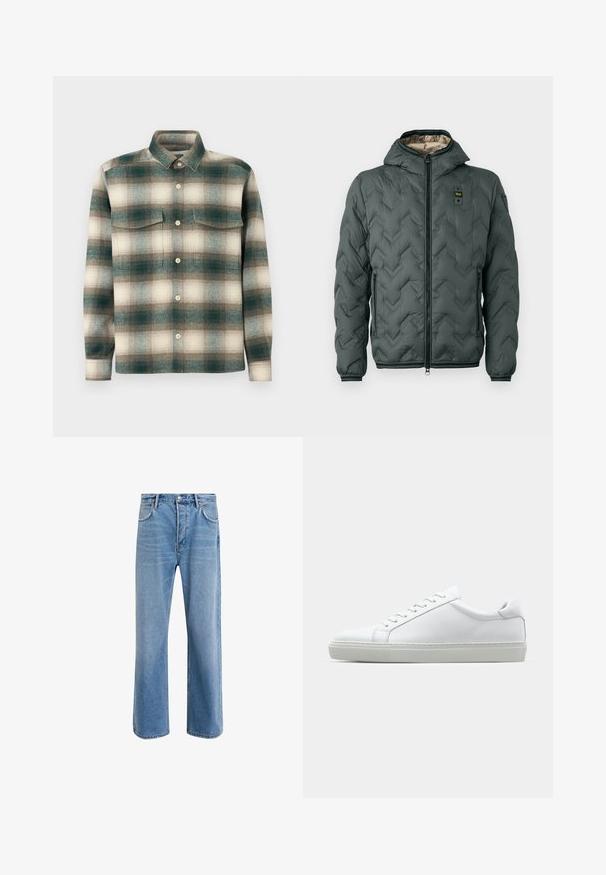 Dunkelgrüne gepolsterte Jacke mit Kapuze, ausgestattet mit einem Reißverschluss, Chevron-Steppung und elastischen Bündchen. Gefüttert mit einem kontrastierenden beigen Material.; Karierte Hemd in verschiedenen Grüntönen, Beige und Braun. Hergestellt aus strukturiertem Stoff mit einer Knopfleiste und zwei Brusttaschen.; Helle blaue Jeans im Geradeschnitt-Design, mit fünf Taschen, Knopfverschluss, minimaler Ausbleichung und kontrastierenden Nähdetails.; Weißer Sneaker mit glattem Lederobermaterial und niedrigem Profil. Verfügt über eine runde Zehenpartie, sechs Ösen und eine strukturierte Gummisohle.