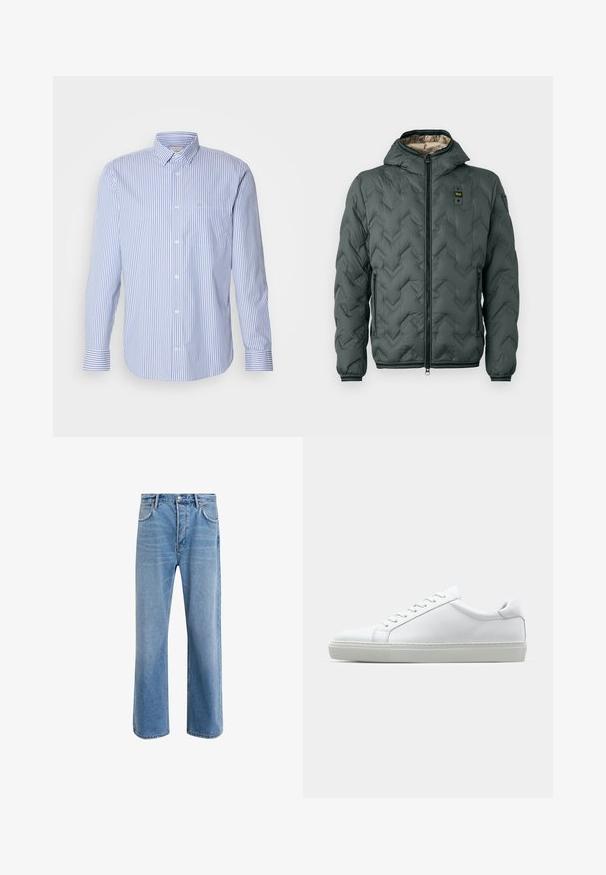 Gevoerde jas in donkergroen met een capuchon, uitgerust met een ritsluiting, chevron-quilting en elastische manchetten. Gecoat met een contrasterend beige materiaal.; Calvin Klein STRIPE SHIRT - Overhemd - white/dutch blue; Lichtblauwe denim jeans met een straight-leg ontwerp, vijf zakken, knoopsluiting, minimale vervaging en contrasterende stikseldetails.; Witte sneaker met een gladlederen bovenwerk en een laag profiel. Voorzien van een ronde neus, zes vetergaatjes en een gestructureerde rubberen zool.