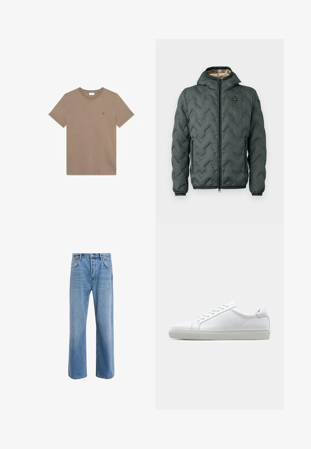 Padded jacket in dark green with a hood, featuring a zip closure, chevron quilting, and elastic cuffs. Lined with a contrasting beige material.; Brown cotton t-shirt with a crew neck, short sleeves, and a small red "II" logo on the chest. Simple design and smooth texture.; Light blue denim jeans with a straight-leg design, five pockets, button closure, minimal fading, and contrasting stitching details.; White sneaker with a smooth leather upper and a low profile. Features a rounded toe, six eyelets, and a textured rubber sole.