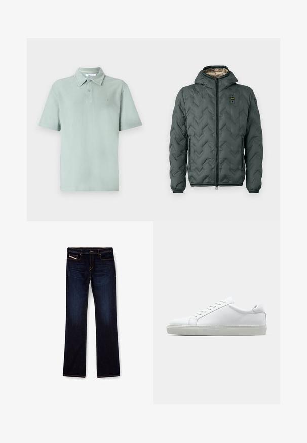 Vaahto takki tummanvihreänä, jossa on huppu, vetoketjukiinnitys, chevron-tikkaukset ja joustavat hihansuut. Vuorattu kontrastoivalla beigen materiaalilla.; Vaaleanvihreä polo-paita, jossa on teksturoitu kangas, lyhyet hihat, kaulus, kaksinutun napitus ja kirjailtu logo rinnassa.; Tummansinisiä farkkuja, joissa on suora lahje, oransseilla ompeleilla, vetoketjulla ja etutaskuilla. Sujuva pinta ja normaali vyötärö.; Valkoinen tennari, jossa on sileä nahkapäällinen ja matala profiili. Ominaisuuksiin kuuluu pyöreä kärki, kuusi rei'itystä ja teksturoitu kumipohja.