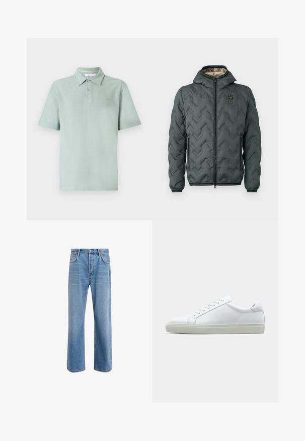 Giacca imbottita verde scuro con cappuccio, caratterizzata da una chiusura con zip, riprese a zigzag e polsini elasticizzati. Foderata con un materiale beige a contrasto.; Polo shirt verde chiaro con tessuto testurizzato, maniche corte, colletto, placca con due bottoni e logo ricamato sul petto.; Jeans in denim blu chiaro con design a gamba dritta, cinque tasche, chiusura con bottone, leggero sbiadimento e dettagli di cucitura a contrasto.; Sneaker bianco con tomaia in pelle liscia e profilo basso. Presenta una punta arrotondata, sei occhielli e una suola in gomma testurizzata.