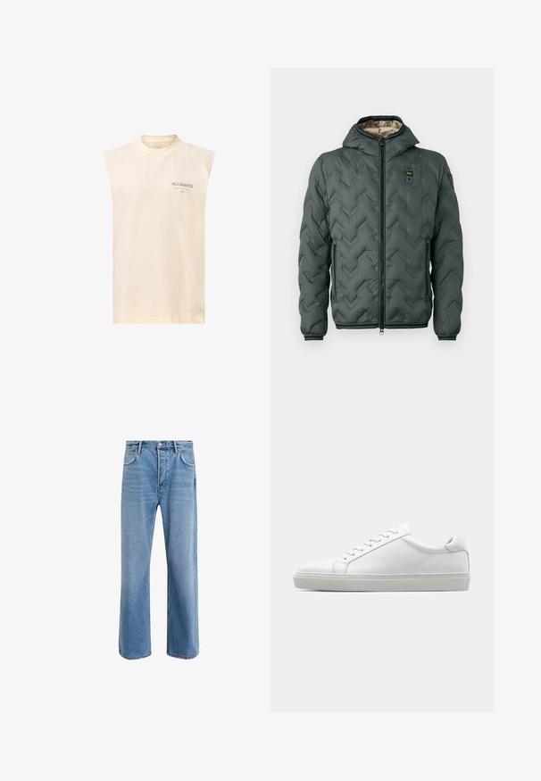 Giacca imbottita verde scuro con cappuccio, caratterizzata da una chiusura con zip, riprese a zigzag e polsini elasticizzati. Foderata con un materiale beige a contrasto.; Top senza maniche in cotone crema con scollo rotondo. Presenta una stampa logo sottile in verde scuro sulla zona sinistra del petto. Texture liscia.; Jeans in denim blu chiaro con design a gamba dritta, cinque tasche, chiusura con bottone, leggero sbiadimento e dettagli di cucitura a contrasto.; Sneaker bianco con tomaia in pelle liscia e profilo basso. Presenta una punta arrotondata, sei occhielli e una suola in gomma testurizzata.