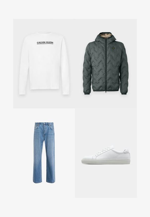Gevoerde jas in donkergroen met een capuchon, uitgerust met een ritsluiting, chevron-quilting en elastische manchetten. Gecoat met een contrasterend beige materiaal.; Witte lange mouwen shirt van katoen, met een zwart "CALVIN KLEIN" logo over de borst en een crewneck. Soepele textuur.; Lichtblauwe denim jeans met een straight-leg ontwerp, vijf zakken, knoopsluiting, minimale vervaging en contrasterende stikseldetails.; Witte sneaker met een gladlederen bovenwerk en een laag profiel. Voorzien van een ronde neus, zes vetergaatjes en een gestructureerde rubberen zool.