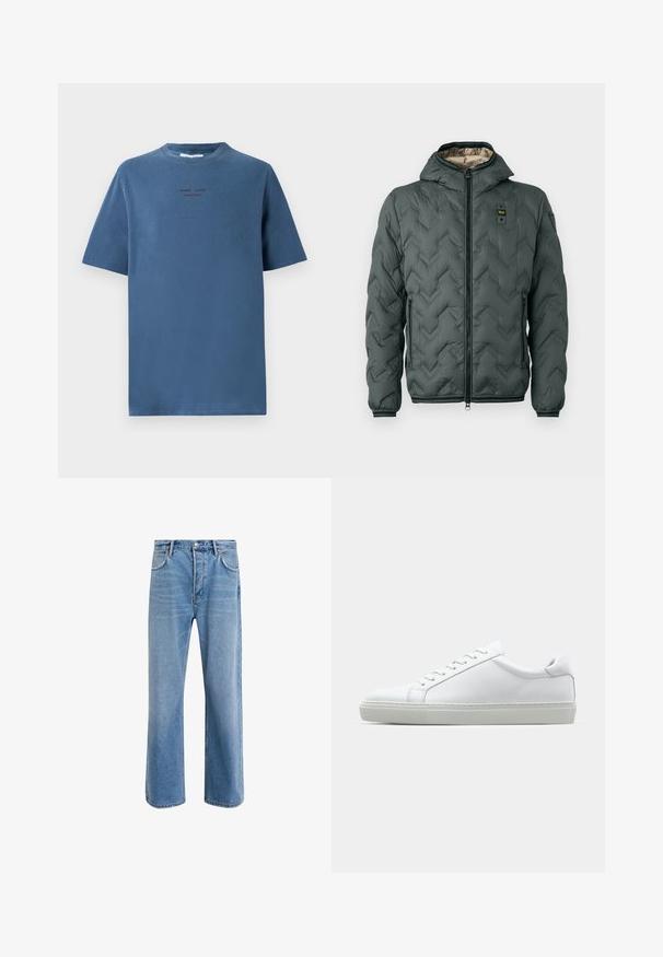 Padded jacket in dark green with a hood, featuring a zip closure, chevron quilting, and elastic cuffs. Lined with a contrasting beige material.; Blue cotton t-shirt with a crew neckline, short sleeves, and subtle text design in darker shades. Simple, relaxed fit, no patterns.; Light blue denim jeans with a straight-leg design, five pockets, button closure, minimal fading, and contrasting stitching details.; White sneaker with a smooth leather upper and a low profile. Features a rounded toe, six eyelets, and a textured rubber sole.