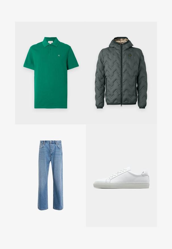 Padded jacket in dark green with a hood, featuring a zip closure, chevron quilting, and elastic cuffs. Lined with a contrasting beige material.; Green polo shirt made of cotton, featuring a classic collar, short sleeves, and a small embroidered CK logo on the chest.; Light blue denim jeans with a straight-leg design, five pockets, button closure, minimal fading, and contrasting stitching details.; White sneaker with a smooth leather upper and a low profile. Features a rounded toe, six eyelets, and a textured rubber sole.