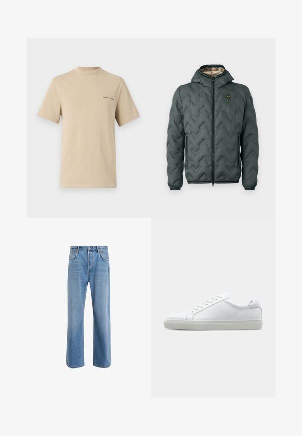 Gevoerde jas in donkergroen met een capuchon, uitgerust met een ritsluiting, chevron-quilting en elastische manchetten. Gecoat met een contrasterend beige materiaal.; Beige katoenen t-shirt met een ronde halslijn en korte mouwen. Beschikt over een subtiele zwarte "SAMSOE" tekstlogo op de borst.; Lichtblauwe denim jeans met een straight-leg ontwerp, vijf zakken, knoopsluiting, minimale vervaging en contrasterende stikseldetails.; Witte sneaker met een gladlederen bovenwerk en een laag profiel. Voorzien van een ronde neus, zes vetergaatjes en een gestructureerde rubberen zool.