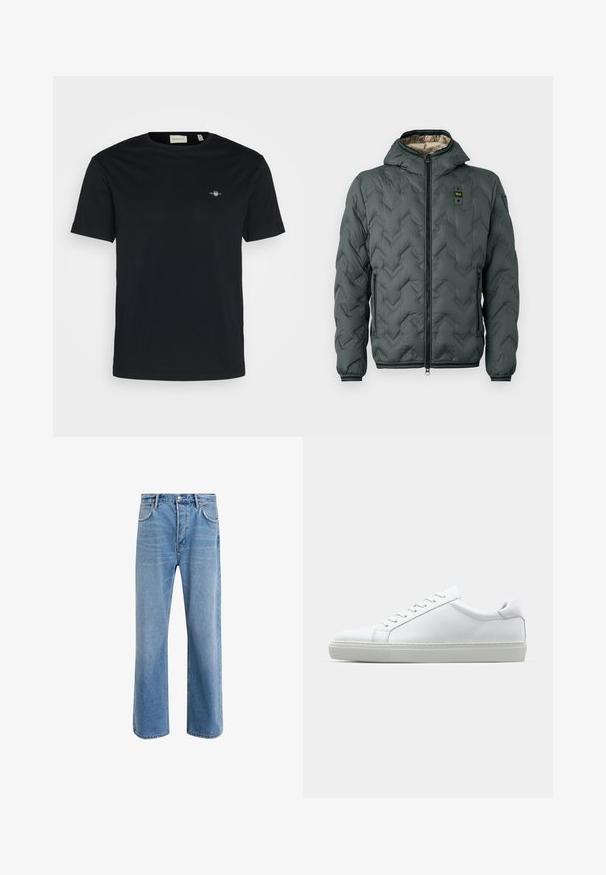 Veste matelassée vert foncé avec capuche, dotée d'une fermeture éclair, d'un matelassage en chevrons et de poignets élastiques. Doublée d'un matériau beige contrastant.; T-shirt en coton noir avec un col rond, des manches courtes et un petit logo sur la poitrine. Texture lisse, coupe standard et sans motifs visibles.; Jeans en denim bleu clair avec une coupe droite, cinq poches, fermeture à bouton, peu d'usure et des détails de couture contrastés.; Sneaker blanche avec une tige en cuir lisse et un profil bas. Présente un bout arrondi, six œillets et une semelle en caoutchouc texturé.