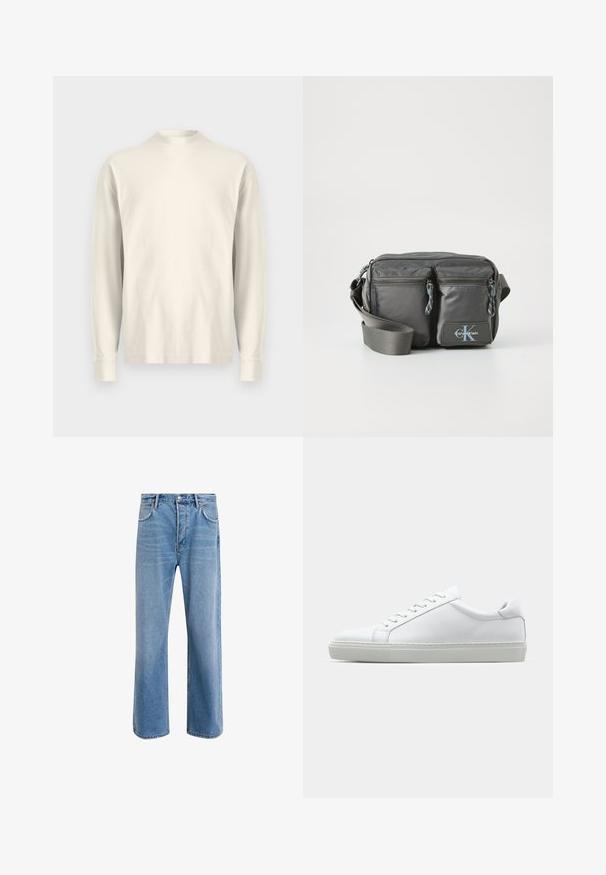 Sötétzöld párnázott dzseki kapucnival, cipzárral, chevron steppelésű kialakítással és rugalmas mandzsettákkal. Kontrasztos bézs béléssel rendelkezik.; Hosszú ujjú, állógalléros ing világos krém színű pamutból. Sima textúra, laza fit, minimalista dizájn, nincs látható minta vagy kiegészítő.; Világoskék farmernadrág, egyenes szárú fazonnal, öt zsebbel, gombos záródással, minimális kopással és kontrasztos varrással.; Fehér sportcipő sima bőr felső résszel és alacsony profilsal. Kerek orr, hat fűzőlyuk és barázdált gumitalp jellemzi.; Szürke nylon keresztpántos táska két cipzáras elülső zsebbel, állítható pánttal és logó kiemeléssel. Simaság jellemzi, modern dizájnnal.