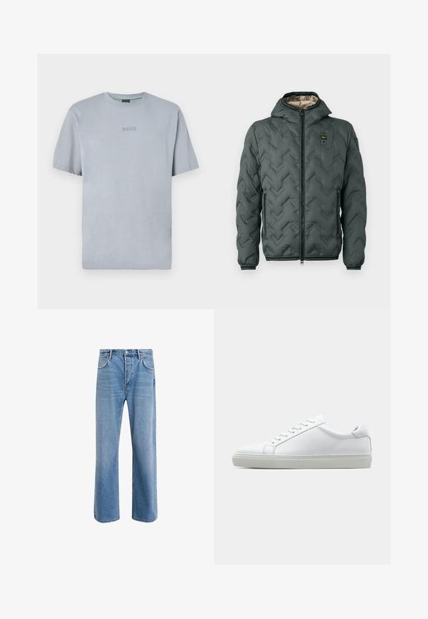 Padded jacket in dark green with a hood, featuring a zip closure, chevron quilting, and elastic cuffs. Lined with a contrasting beige material.; Light blue, short-sleeve t-shirt made of soft fabric with a round neckline. Features embroidered "BOSS" logo on the chest.; Light blue denim jeans with a straight-leg design, five pockets, button closure, minimal fading, and contrasting stitching details.; White sneaker with a smooth leather upper and a low profile. Features a rounded toe, six eyelets, and a textured rubber sole.