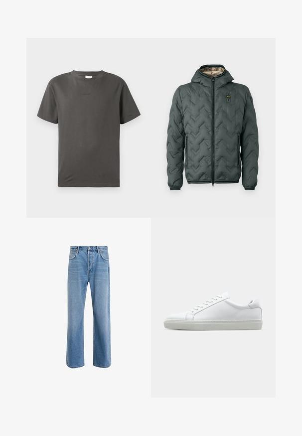 Vadderad jacka i mörkgrön med huva, som har dragkedjestängning, chevronkviltning och elastiska ärmslut. Fodrad med ett kontrasterande beige material.; Grå bomulls t-shirt med rund hals och korta ärmar. Har en liten, diskret logotyp på framsidan. Slen struktur och klassisk passform.; Ljust blå denimjeans med rak passform, fem fickor, knappstängning, minimal blekning och kontrasterande sömdetaljer.; Vit sneaker med en slät läderövre och låg profil. Har en rundad tå, sex snörhål och en strukturerad gummisula.