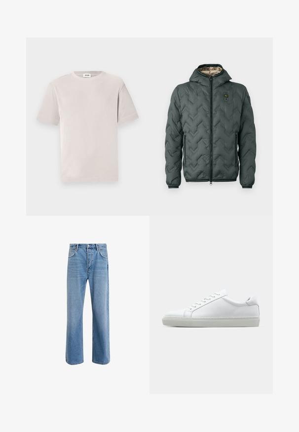 Giacca imbottita verde scuro con cappuccio, caratterizzata da una chiusura con zip, riprese a zigzag e polsini elasticizzati. Foderata con un materiale beige a contrasto.; T-shirt grigio chiaro a coste, maniche corte, scollatura rotonda, tessuto morbido, design casual, etichetta visibile all'interno del collo.; Jeans in denim blu chiaro con design a gamba dritta, cinque tasche, chiusura con bottone, leggero sbiadimento e dettagli di cucitura a contrasto.; Sneaker bianco con tomaia in pelle liscia e profilo basso. Presenta una punta arrotondata, sei occhielli e una suola in gomma testurizzata.