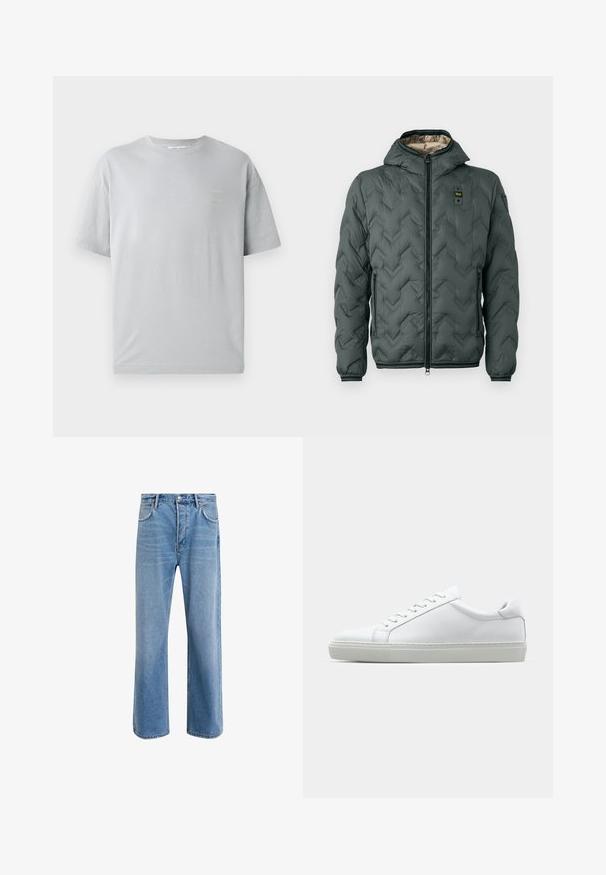 Giacca imbottita verde scuro con cappuccio, caratterizzata da una chiusura con zip, riprese a zigzag e polsini elasticizzati. Foderata con un materiale beige a contrasto.; T-shirt grigio in cotone con vestibilità rilassata, maniche corte e un piccolo dettaglio testuale giallo sul davanti. Tessuto morbido e collo a giro classico.; Jeans in denim blu chiaro con design a gamba dritta, cinque tasche, chiusura con bottone, leggero sbiadimento e dettagli di cucitura a contrasto.; Sneaker bianco con tomaia in pelle liscia e profilo basso. Presenta una punta arrotondata, sei occhielli e una suola in gomma testurizzata.