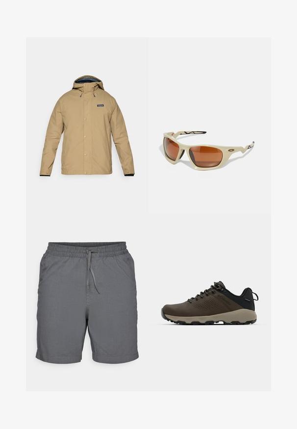 Beige vízhatlan dzseki kapucnival, patent gombokkal és fekete bélésrésszel. A bal mellkason logó folt található, és állítható mandzsettákkal rendelkezik.; Fekete cipzáras, nyakig záródó polárpulóver hosszú ujjakkal, lapos varratokkal és bal melletti logóval. Sima tapintás, laza stílus és sokoldalú dizájn.; Szürke, rövid ujjú póló, puha, textúrált anyagból, bal mellkason egy kicsi kék Patagonia logóval. Nincsenek egyéb minták.; Szürke, könnyű anyagból készült sort, rugalmas derékkal és zsinórral. Simaság jellemzi, térd fölé ér.; Barna vízálló sportcipők texturált felsőrésszel, perforált díszítésekkel, fekete saroktámasszal és szürke gumi talppal. A cipőfűzők fém végződésekkel vannak ellátva.; Beige sport napszemüveg barna lencsékkel, légies kialakítással, texturált fekete díszítésekkel a szárakon és szögletes formával.