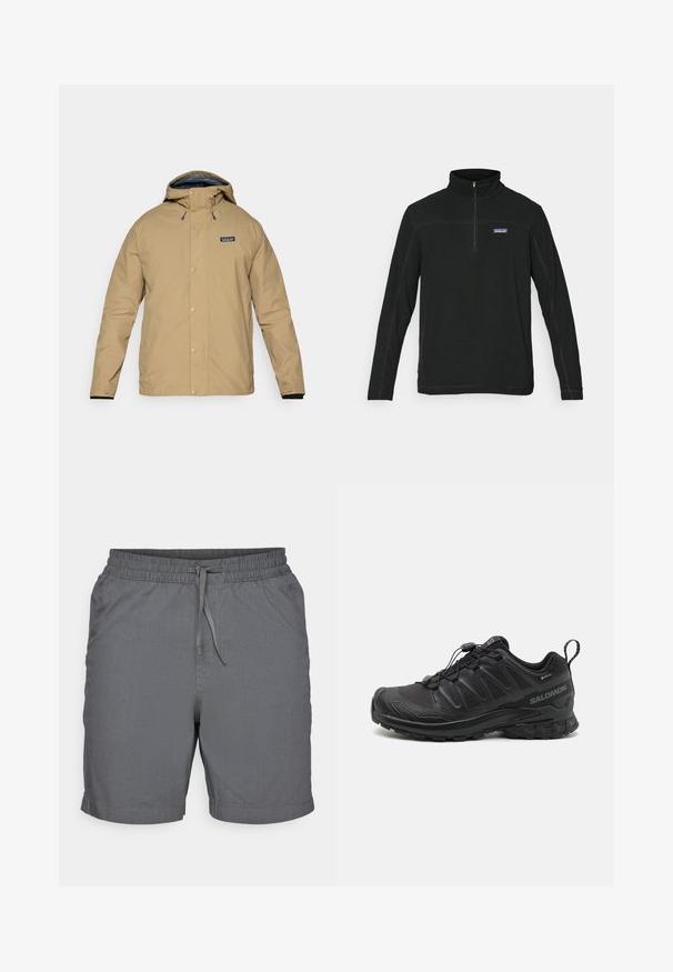 Vaaleanbeige vedenpitävä takki hupulla, napituksella ja mustalla vuorilla. Takissa on logo-patch vasemmassa rinnassa ja säädettävät hihansuut.; Musta vetoketjullinen fleece-poolo, jossa on pitkät hihat, litteät saumat ja vasemmalla rintapuolella logo. Sileä rakenne, rento tyyli ja monipuolinen muotoilu.; Harmaat shortsit, jotka on valmistettu kevyestä kankaasta, joustavalla vyötärönauhalla ja narukiristimellä. Ominaisuuksiin kuuluu sileä pinta ja polven ylle ulottuva pituus.; Musta urheilukenkä, jossa on teksturoitu synteettinen päällinen, pehmustettu pohja ja nopea nauhoitusjärjestelmä. Varustettu vahvistetulla varpaalla ja kantapäällä.