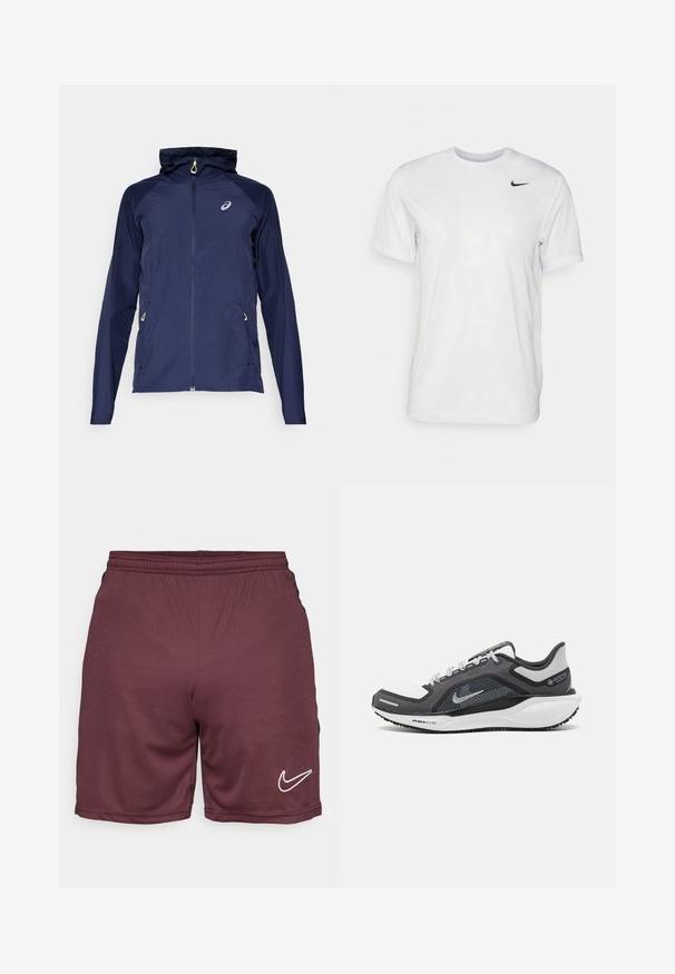 Marineblå hettegenser laget av lett materiale, med full glidelås, sidelommer og kontrastfargede gule detaljer.; Hvit kortermet t-skjorte laget av glatt stoff. Har rund hals og en liten svart Nike-logo på venstre bryst.; Nike Performance SHORT - Sports shorts - burgundy crush/black/white; Svart og grå atletisk sko med mesh-overdel, refleksdetaljer og hvit mellomsåle. Har strukturert gummisåle og lisser.