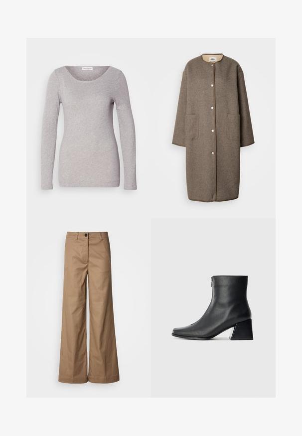 Καφέ παλτό με σχέδιο ψαροκόκαλο και στρογγυλή λαιμόκοψη, κλείσιμο με κουμπιά snap, δύο μπροστινές τσέπες και αντίθετη διακόσμηση. Μακριά μανίκια, χαλαρή εφαρμογή.; Γκρι μπλούζα με μακριά μανίκια, φτιαγμένη από μαλακό και ελαστικό ύφασμα, με φαρδιά στρογγυλή λαιμόκοψη και εφαρμοστή σιλουέτα. Χωρίς ορατά σχέδια ή λεπτομέρειες.; Παντελόνια με φαρδύ πόδι, φτιαγμένα από απαλό, μπεζ ύφασμα. Διαθέτουν κλείσιμο με κουμπί μπροστά, θηλιές ζώνης και πλάγιες τσέπες. Καθαρές γραμμές χωρίς ορατά σχέδια.; Μαύρη δερμάτινη μπότες έως τον αστράγαλο με τετράγωνη μύτη, πλαϊνό φερμουάρ και τετράγωνη τακούνι σε απλή ανοιχτόχρωμη φόντο.